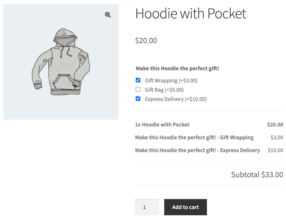 An example of checkbox-based options for Product Add-ons.